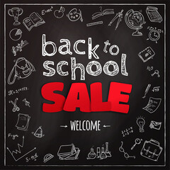 Fototapeta na wymiar Welcome back to school background, with hand drawn doodle elements on stick notes. Vector illustration. 