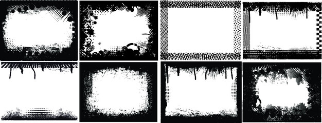 Set of Grunge Black and White Frames . textured rectangles for image