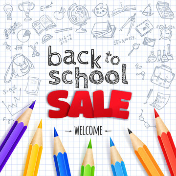 Welcome back to school sale creative banner with hand drawn doodle elements and paper apple symbol.  Vector illustration. 