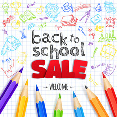Welcome back to school sale creative banner with hand drawn doodle elements and paper apple symbol.  Vector illustration. 