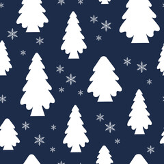 Obraz premium Festive Christmas tree seamless pattern. Vector isolated elegant fir with sparkles and snowflakes. Holiday evergreen spruce texture for xmas wrapping paper.