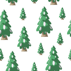 Fluffy Christmas tree seamless pattern. Vector isolated noel fir with xmas balls background. Evergreen spruce texture for holiday wrapping paper.