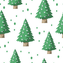 Christmas tree seamless pattern. Vector isolated noel fir with stars background. Evergreen spruce texture for holiday wrapping paper.