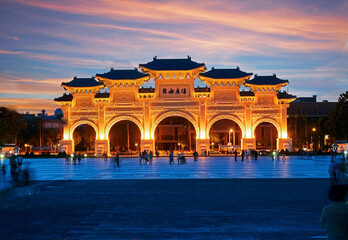 The Front of the memorial gate in Liberty Square in Taipei illuminated at sunset