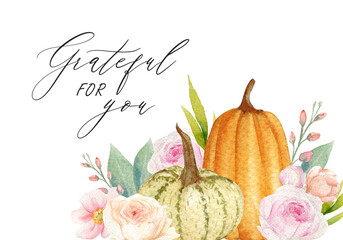 Thanksgiving or Friendsgiving greeting card. Celebration quotation on autumn background with leaves, floral elements, and pumpkin in fall colors. Watercolor background.