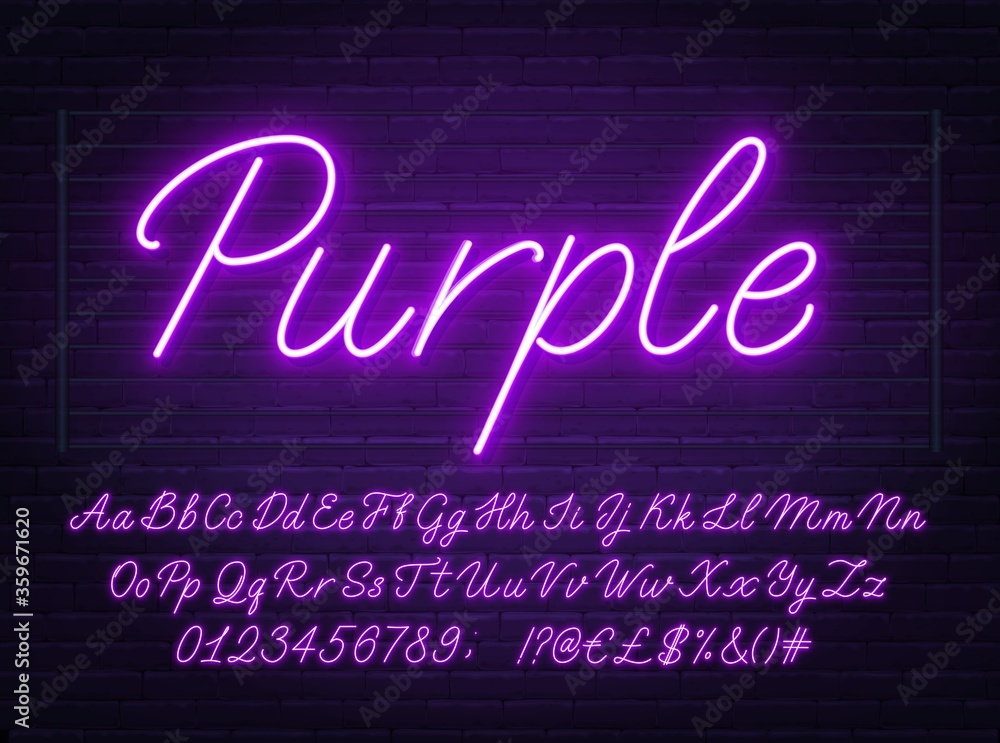 Poster neon purple script font. glowing alphabet with letters, numbers and special characters on a brick ba