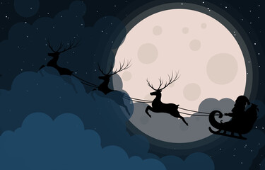 Naklejka premium Christmas card template with moon, santa claus and reindeer harness silhouettes in the clouds. Vector isolated background for invitation. Holiday banner for noel celebration.