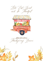 Watercolor seasonal invitation with farm truck, autumn leaves, floral elements, and pumpkin in fall colors. Perfect for prints, flyers, banners, invitations, promotions, and more.