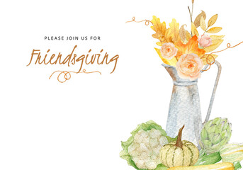 Watercolor seasonal invitation with autumn leaves, floral elements, old garden jug, and pumpkin in fall colors. Perfect for prints, flyers, banners, invitations, promotions, and more.
