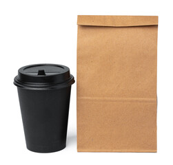 Craft paper bag with coffee cup on white background