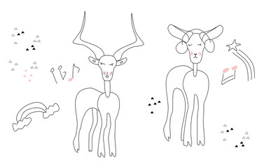Doodle vector gazelle and saiga or antelope,couple in love.Saiga listening to music with headphones. Cute children's linear illustrations with animals.Rainbow,musical notes around.Best friends concept