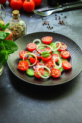 salad tomato cucumber vegetables Menu concept serving size. food background top view copy space for text organic vevegan eating