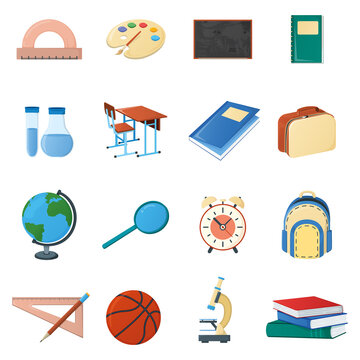Set of school stuff desk globe, textbook, ruler flask alarm microscope and ball icon isolated on white, cartoon vector illustration. Welcome back to school supplies for study in college and institute.
