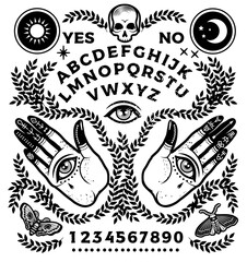 Ouija Board with hands with eyes. Vector Illustration.