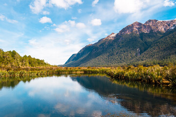 Fototapeta na wymiar Landscape of Lake Gunn in Fiordland National Park in New Zealand