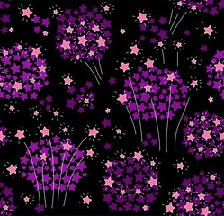 Fireworks, seamless pattern, pink stars. Pink and lilac stars on a black background. Holiday. Firecrackers. Color, flat image. Vector.  