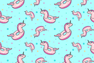Vector seamless pattern with the image of a pink unicorn swimming circle. The illustration is drawn in doodle style. Design for printing cards, posters, fabrics, baby clothes.