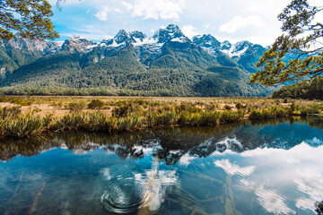 Landscape of Lake Gunn in Fiordland National Park in New Zealand