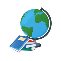Globe and textbook, school book icon isolated on white, cartoon vector illustration. Supplies from backpack for study in college and institute.