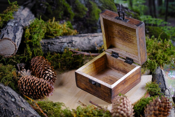 Antique wooden box fir cones, branches, moss on a wooden texture