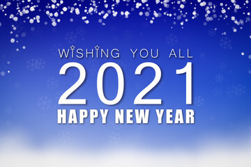 Happy New Year 2021 blue greeting card with snow design.