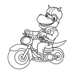 Cartoon dinosaur raptor riding motorbike. Biker dino with helmet and googles. Isolated on white background. Funny mascot logo for moto company. Line art for coloring book or page for kids and children