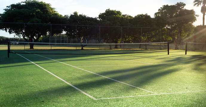 A tennis court in the morning light