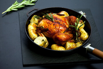 Fried chicken with new potatoes and rosemary in pan.Vid pans on top with copy space. Black background