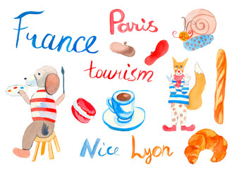 Big watercolor set of French travel elements with lettering.Cute clip art journey to Europe with fox, croissant,snail,sights,mime,dog,baguette dessert,beret.Design for card,social networks.