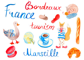Big watercolor set of French travel elements with lettering.Cute clip art journey to Europe with fox, croissant,snail,sights,duck,mime,dog,baguette,dessert,cheese,beret.Design for card. © Мария Минина