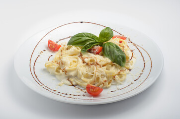 Papardelle “Four Cheeses” with Pine Nuts It is a tasty and healthy dish made from natural ingredients, such as: mozzarella cheese, brie cheese, parmesan cheese, cream sauce, dor blue cheese, pine nuts