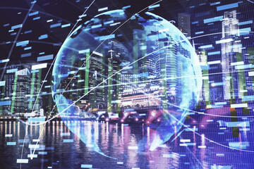Double exposure of business theme hologram drawing and city veiw background. Concept of success.