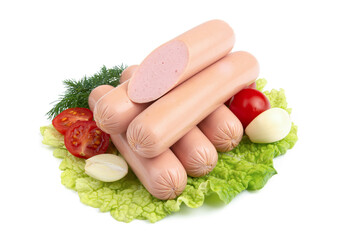 milk sausages, cherry tomatoes, dill, fried garlic, mustard sauce on lettuce leaves, close-up,...