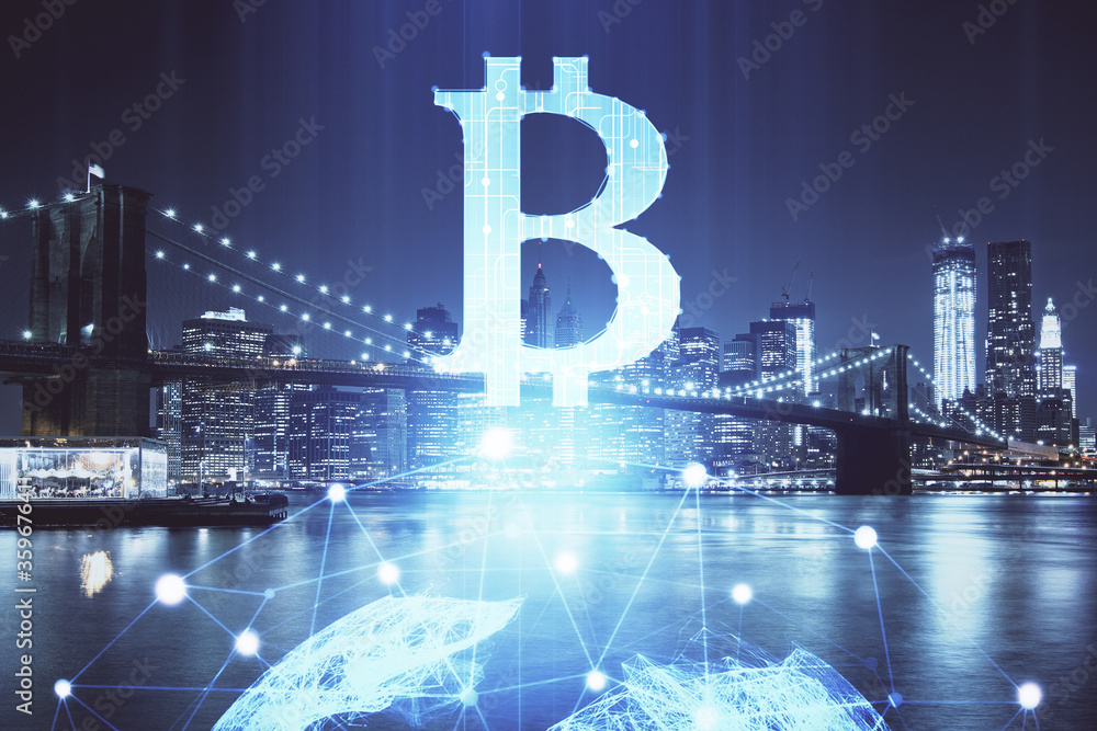 Poster multi exposure of cryptocurrency theme hologram drawing and city veiw background. concept of blockch