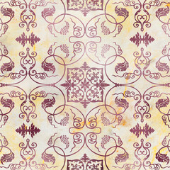 Seamless pattern with flowers elements on pale orange textured background 