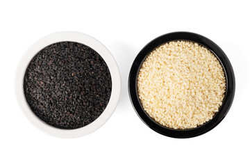Sesame seed in plastic bowl on white background