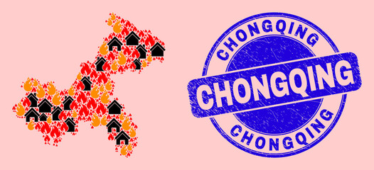 Fire disaster and property composition Chongqing City map and Chongqing corroded seal. Vector collage Chongqing City map is composed of scattered burning homes.