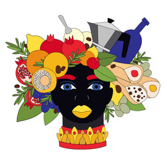 Sicilian vase with moor head, arancini, cannolo, coffee, lemons and cacti. Sicily style. Vector illustration of sicilian symbol, souvenir. Postcard, print design
