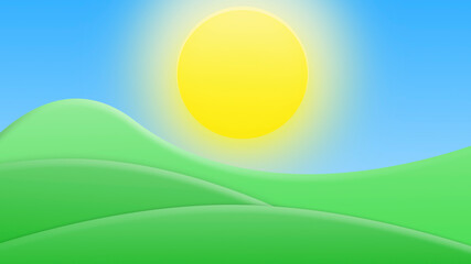 Obraz premium Landscape of green fields, hills and bright blue sky. Cartoon style 3D illustration