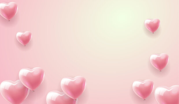 Air Balloons of heart shaped in pastel pink background. Happy valentines day romantic design elements holiday celebration. Valentine's Day or wedding or bachelorette party decoration. Vector EPS 10.