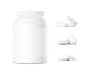 Plastic bottle with round pills mockup isolated on white background. Can be used for medical, cosmetic. Vector illustration. EPS10.	
