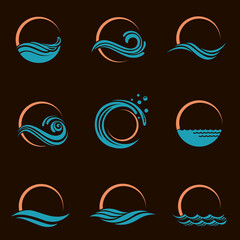 abstract collection of sun and sea icons isolated on black background