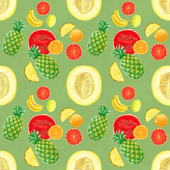 Hand drawn seamless pattern with grapefruit, coconuts, pineapples papaya and melon.