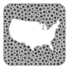 Covid-2019 virus map of USA mosaic created with rounded square and cut out shape. Vector map of USA collage of virus ojects in variable sizes and gray color hues. Created for quarantine projects.