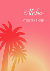 Naklejka premium Vector illustration of sunset and palm trees with place for text. For invitation, greeting card, mailing, advertisement of travel agency, poster, article, promotion, web and advertising banner.