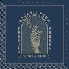 Hand with cannabis, weed, hemp joint logo. Marijuana, cbd, thc symbol for cbd oil design