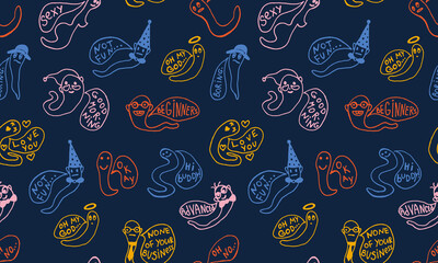 Funny worms with speech bubbles. Seamless pattern. Hand drawn vector character illustration.