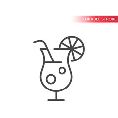 Cocktail glass thin line vector icon. Alcohol drink with straw and lemon slice outline symbol, editable stroke.