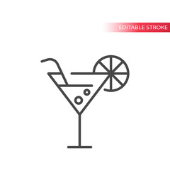 Cocktail or martini glass thin line vector icon. Martini drink with straw and lemon slice outline symbol, editable stroke.