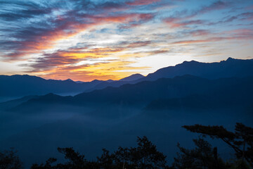 Sunrise over the mountain at Alishan National Forest Recreation Area, Taiwan